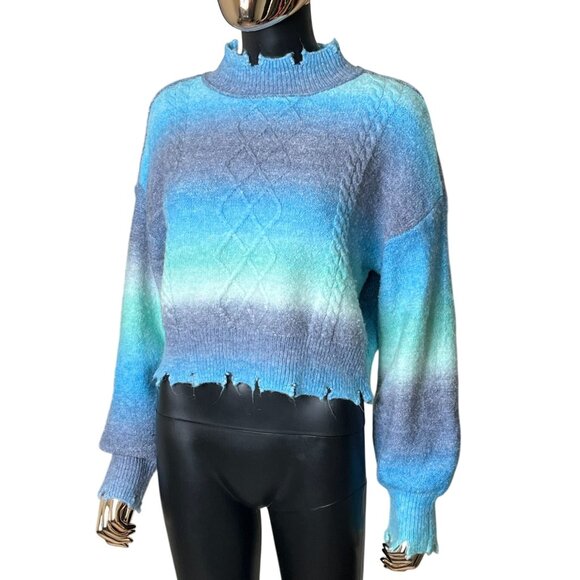 🩵 NYC Knits Blue Teal Ombre Distressed Mock Neck Cropped Sweater Size Large - Picture 7 of 12
